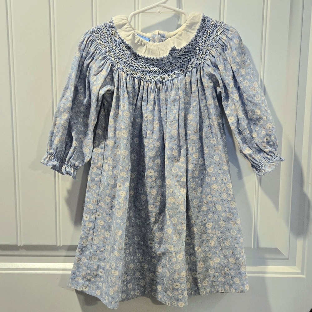 Anavini Hand Smocked French Blue Floral Smocked Dress